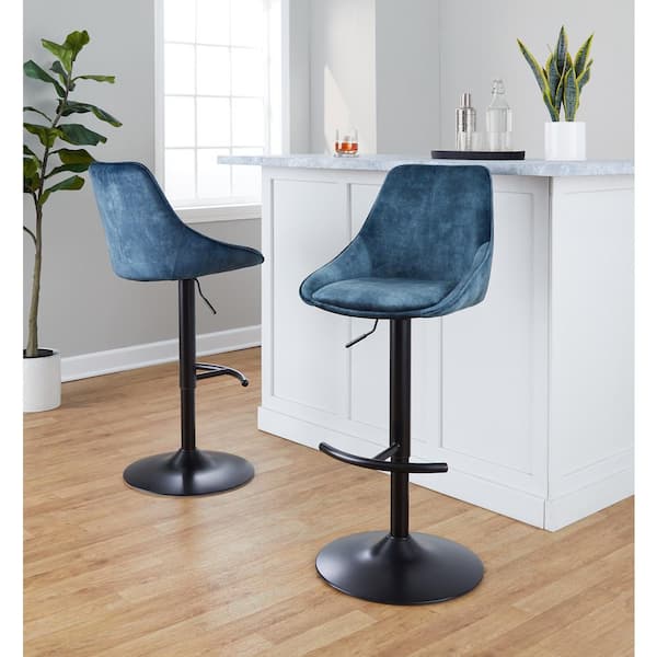 Lumisource Diana 35.5 in. Blue Velvet and Black Metal Adjustable Bar Stool (Set of 2)