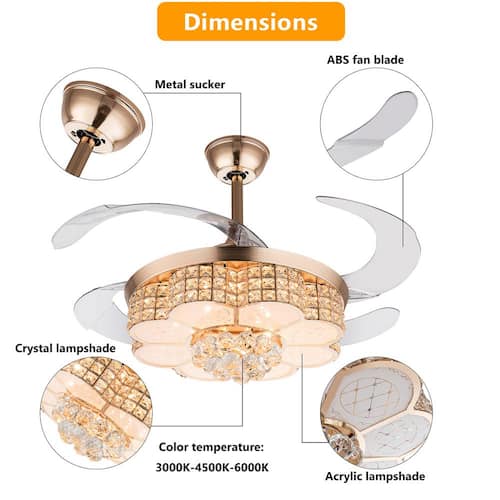 42 in. Indoor Gold Modern Crystal Reversible Ceiling Fan with 3-Color Integrated LED and Remote Ceiling Fans With Lights