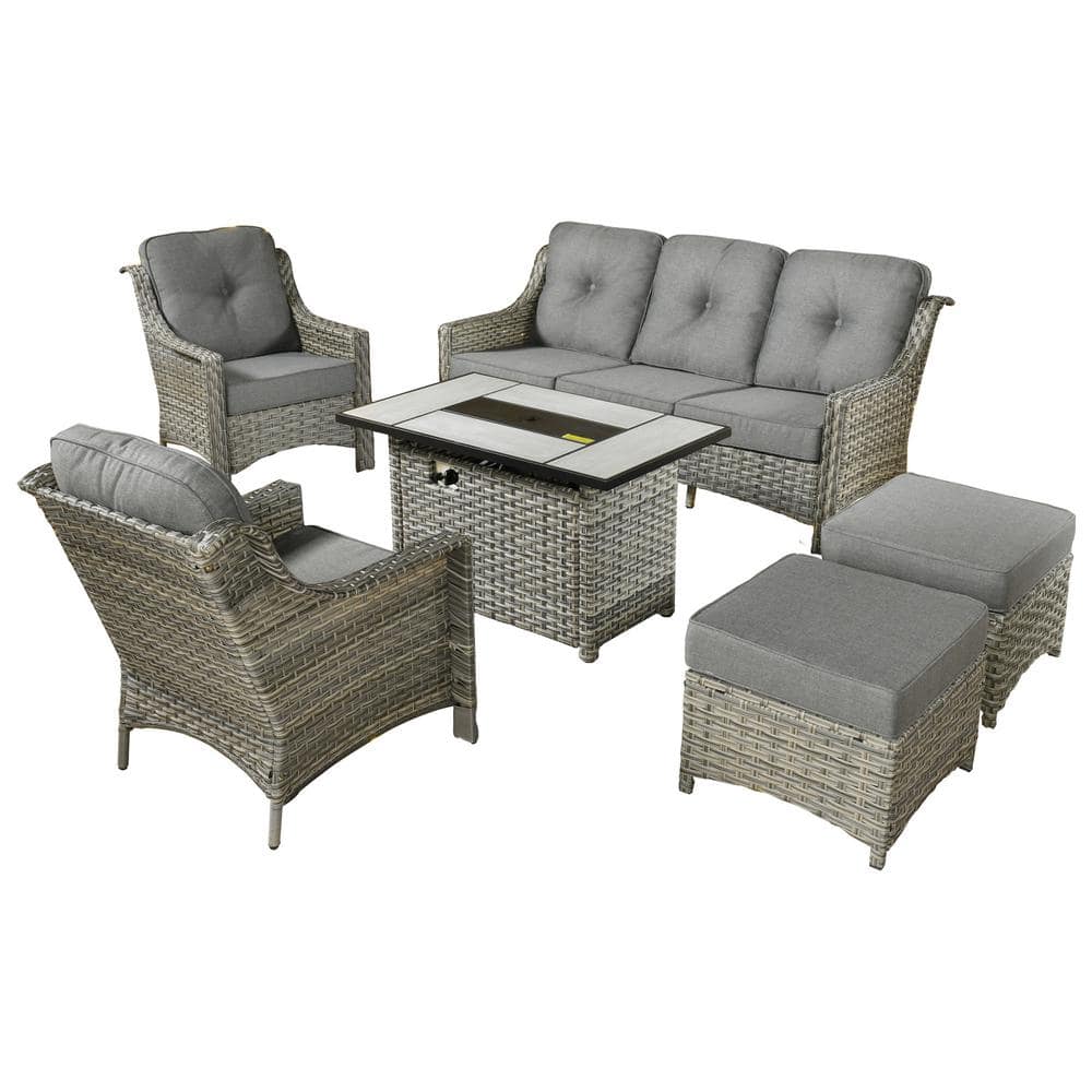 weaxty W Tulip C Gray 6-Piece Wicker Patio Rectangular Fire Pit ...