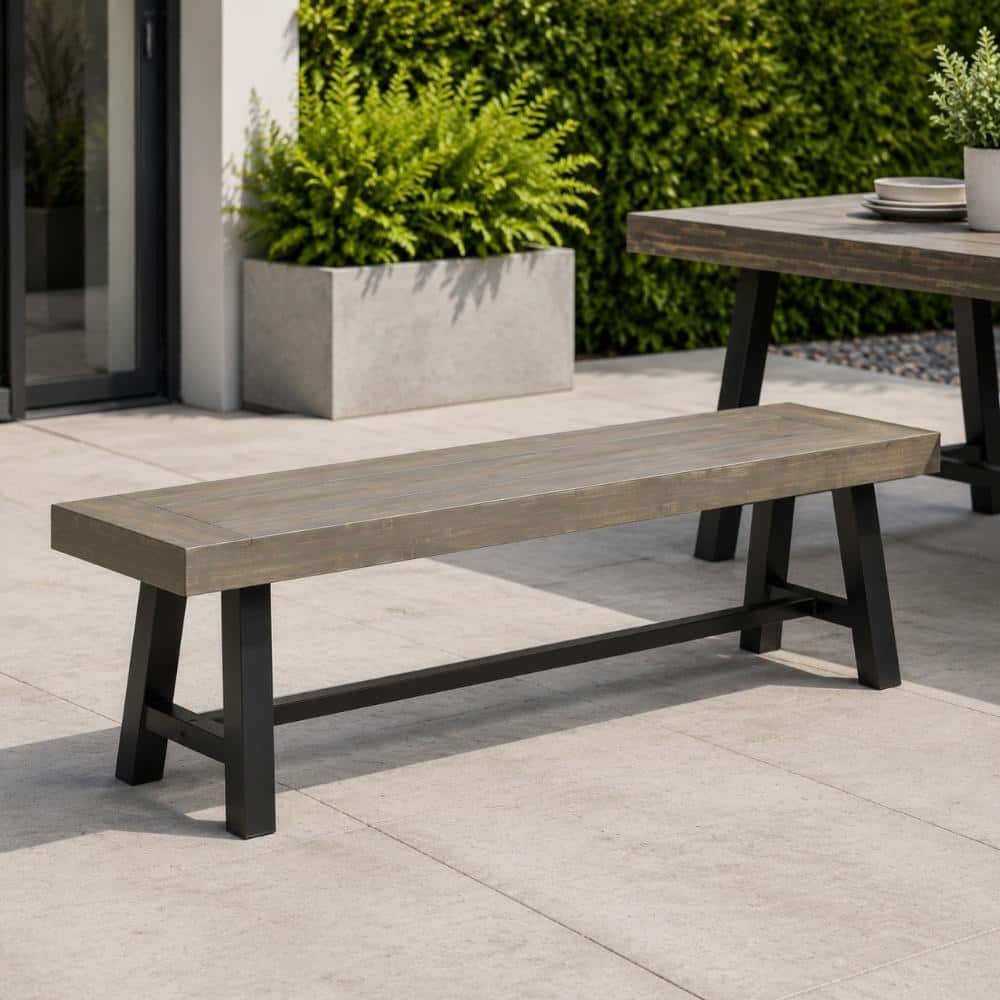 74 in. W Gray Acacia Wood Backless Outdoor Patio Dining Bench with Black Iron A-Frame Legs price history on PriceWatchPro