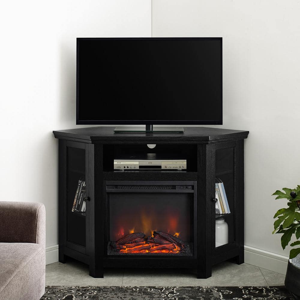 Black Corner TV Stand with Electric Fireplace and Cabinet