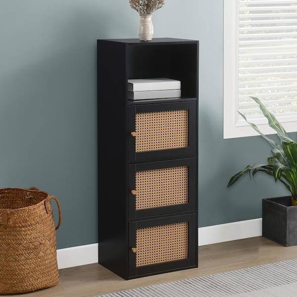 Xtra Storage Black and Beige Barley Boho Weave 46.75 in. H 3 Door Cabinet with Shelf