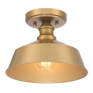 10 in. W x 6.5 in. H 1-Light Natural Brass Semi-Flush Mount Ceiling Light with Metal Shade