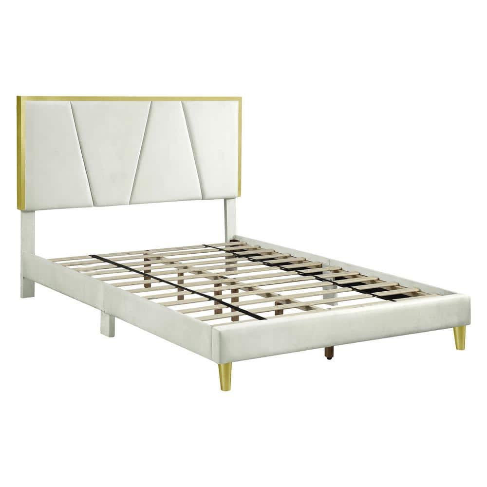 Chedda Beige Upholstered Wood Frame Queen Platform Bed With Gold Trim -  Furniture of America, IDF-7259BG-Q