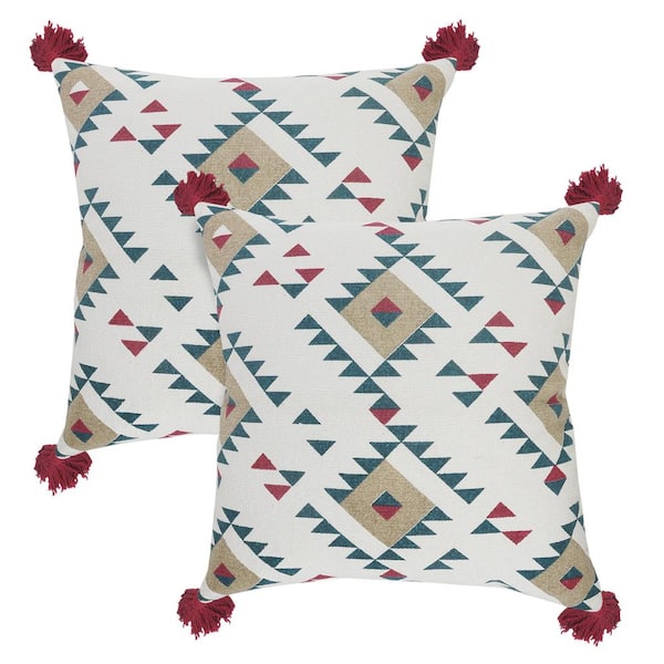 Unbranded Zion Ivory/Multicolor Geometric Tasseled Hand-Stitched 20 in. x 20 in. Indoor Throw Pillow Set of 2