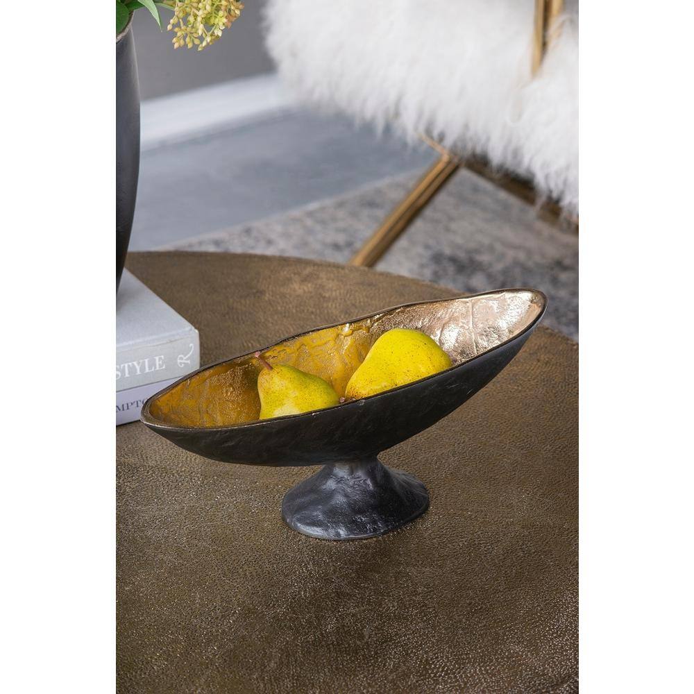 Handcrafted Black and Gold Aluminum Oval Pedestal Bowl