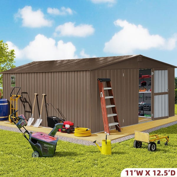 11 ft. W x 12.5 ft. D Outdoor Metal Shed Tool Storage with Galvanized Steel Frame, Windows, Brown (137.5 sq. ft.)