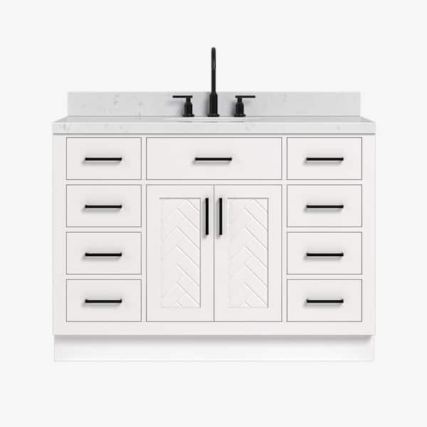 Herringbone 48 in. Single Sink Freestanding Bath Vanity in White with and Carrara Quartz Top