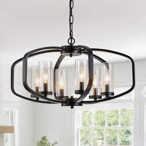 6-Light Black Modern Chandelier with Clear Glass Shades, E12 Socket Pendant Light with Adjustable Chain for Dining Room
