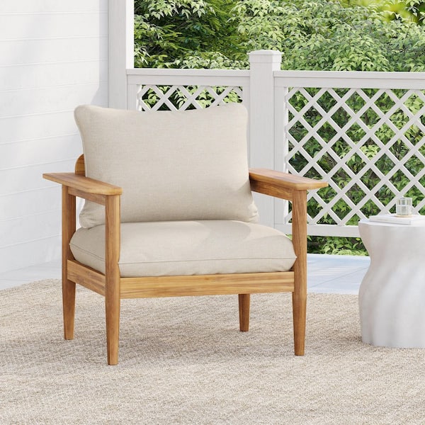 CHRISTOPHER KNIGHT HOME Terassi Patio Solid Wood Outdoor Lounge Chair with Beige Cushions, Light Teak