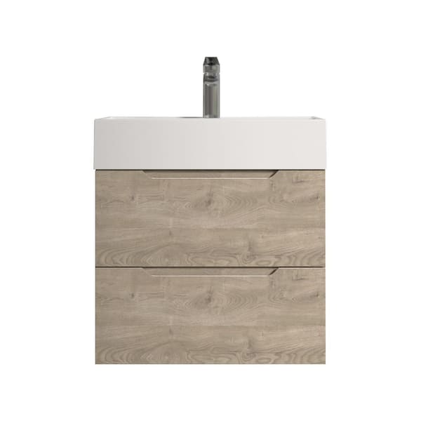 Combo-T 24 in. Single Evita Oak Bath Vanity Wall-Mounted Floating Vanities with Gloss White Resin Stone Top 2-Drawers