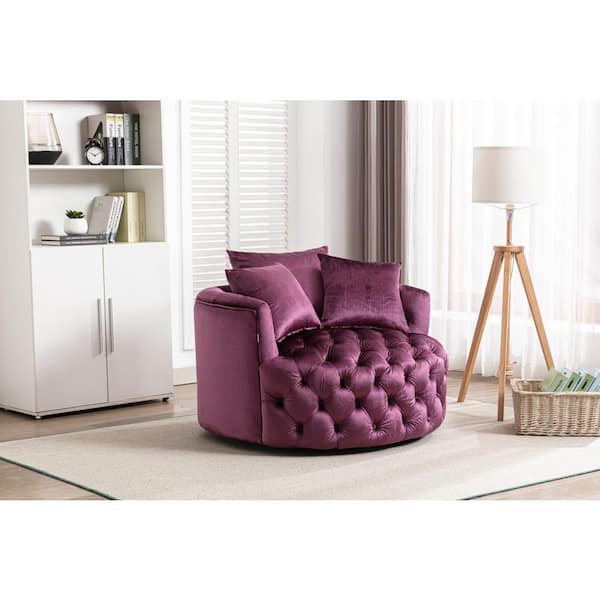 HOMEFUN Purple Swivel Velvet Upholstered Barrel Living Room Chair with Tufted Cushions