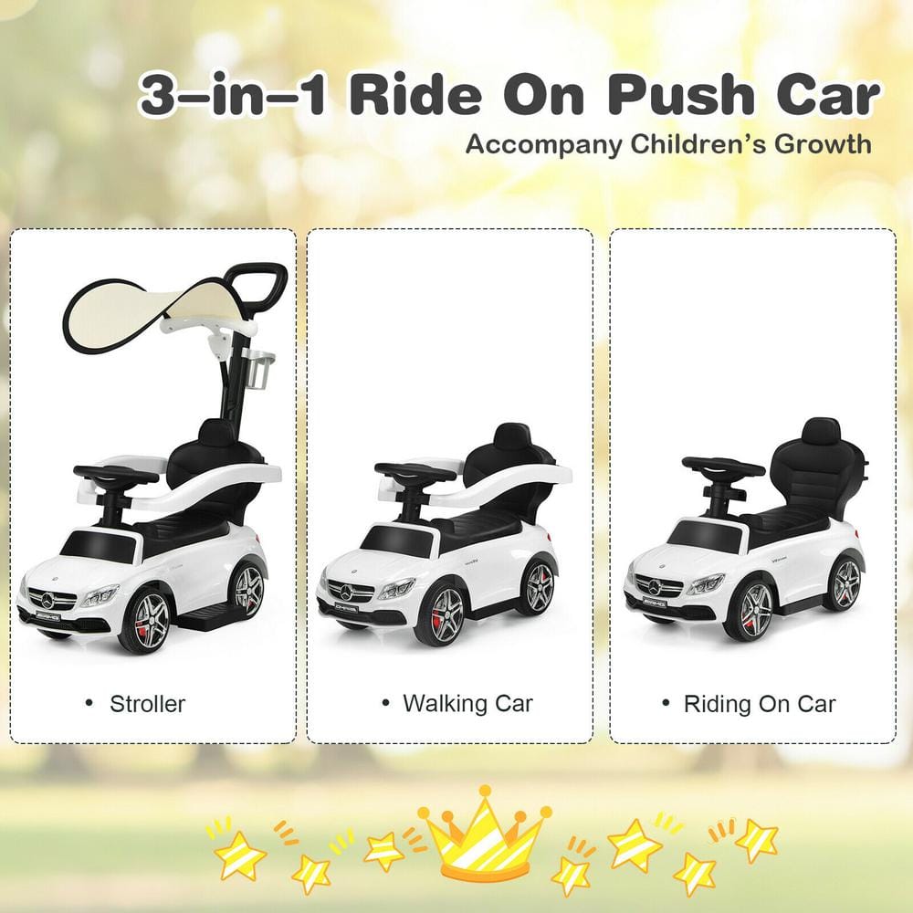 White Mercedes-Benz Licensed 3-in-1 Ride-On Push Car