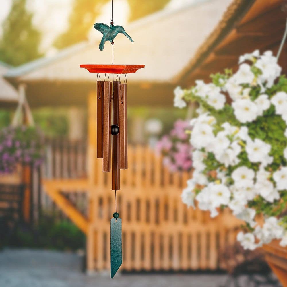 Bronze and Verdigris Hummingbird Wind Chime with Pine Wood