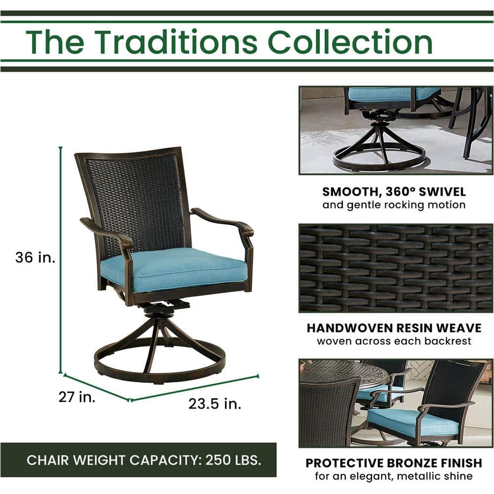Traditions Elegance 7-Piece Blue Cast-Top Outdoor Dining Set with Wicker Swivel Rockers