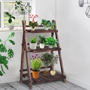 37 in. Tall Folding Indoor/Outdoor Brown Wood Plant Stand (3-tiered)