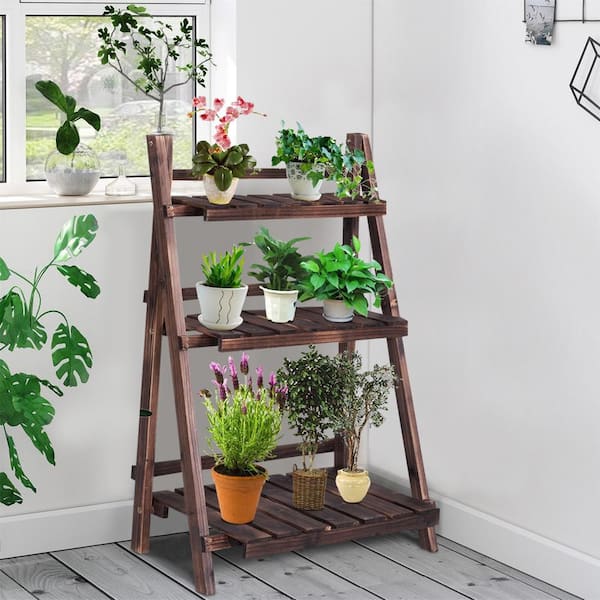 37 in. Tall Folding Indoor/Outdoor Brown Wood Plant Stand (3-tiered)