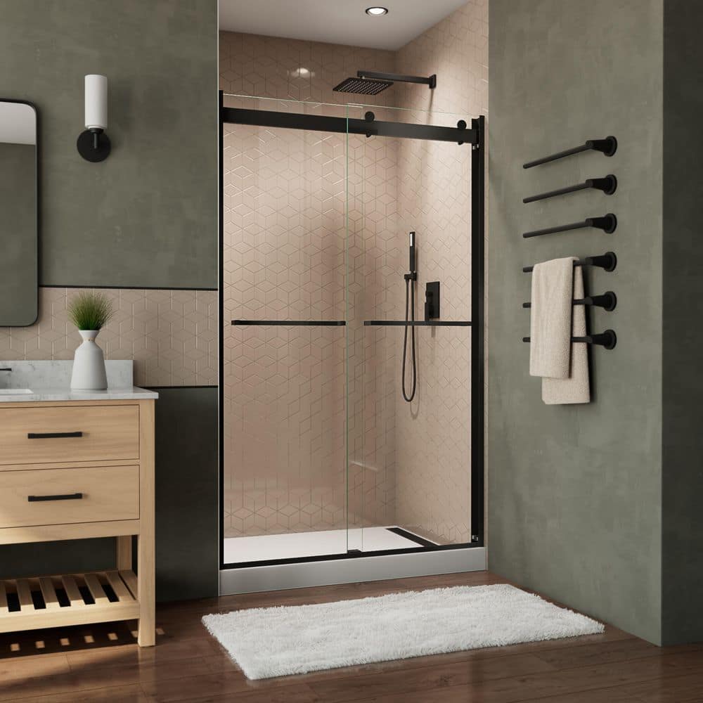 Matte Black Semi-Frameless Sliding Shower Door with Clear Glass