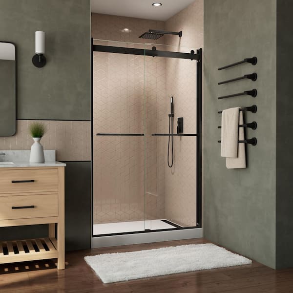 DreamLine Essence-H 44 in. to 48 in. W x 76 in. H Sliding Semi-Frameless Shower Door in Matte Black with Clear Glass