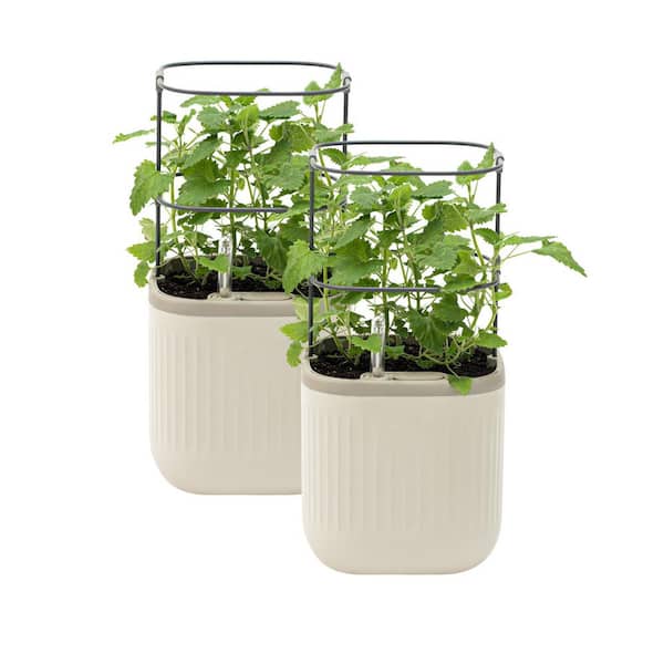 vego garden Mini Planter Box Recyclable Plastic with Trellis Self-Watering Raised Garden Bed, Cream White (2-Pack)