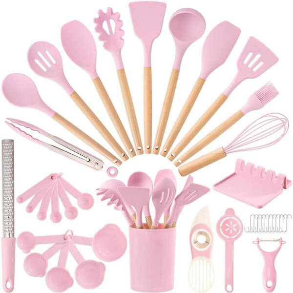 39-Piece Pink Kitchen Utensils Set, Silicone Cooking Utensil Set with Wooden Handle for Nonstick Cookware