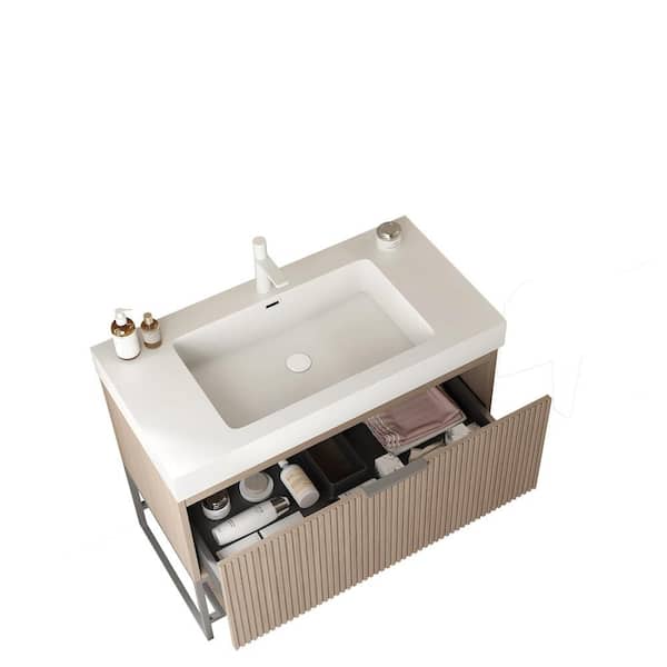 Yunus 35.83 in. W Freestanding Brown Oak Single Sink Bath Vanity with White Acrylic Top Unassembled