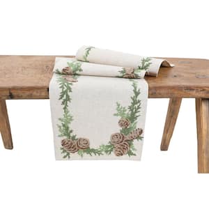 15 in. x 70 in. Winter Pine Cones & Branches Crewel Embroidered Table Runner, Natural
