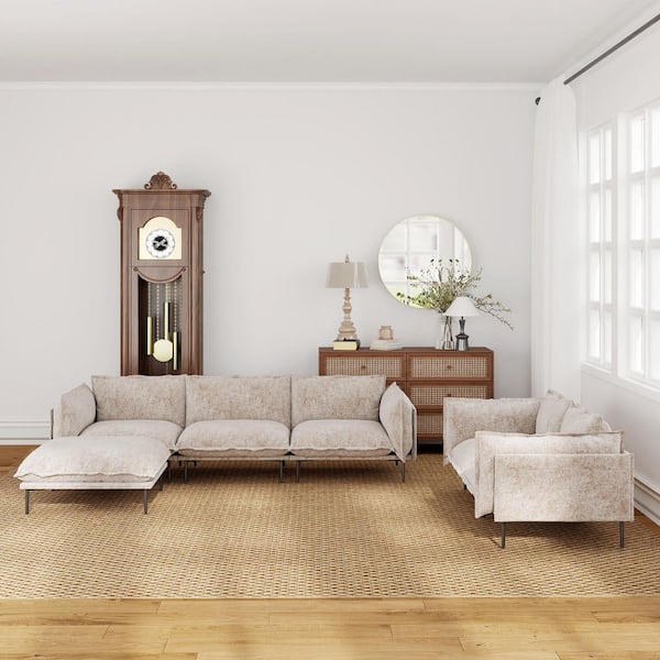 6-Piece Living Room Set 111 in. Tapered Arm Velvet Modular Sectional Sofa with Moveable Chaise Ottoman in. Tannish