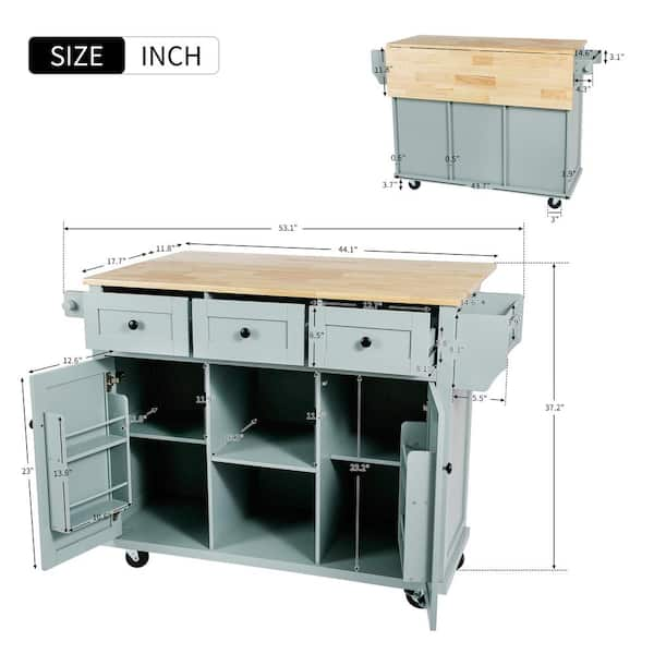 Gray Blue Foldable Rubber Wood Drop-Leaf Countertop 53.1 in. W Kitchen Island on Wheels with Storage Cabinet