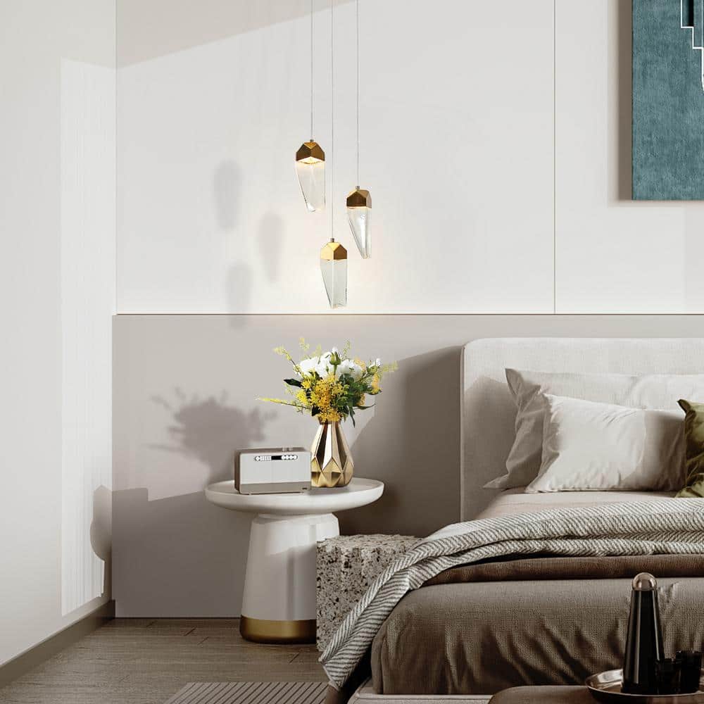 Polished Gold Brass and Crystal 3-Light LED Pendant Chandelier