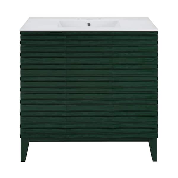 Cascade 36 in. Freestanding Bath Vanity in Green Oak with White Ceramic 3-Hole Widespread Sink Top