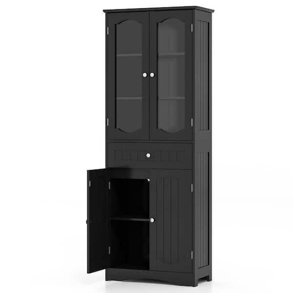 23.5 in. W x 12 in. D x 63 in. H Black Linen Cabinet with 2 Glass Doors, Adjustable Shelves Drawer