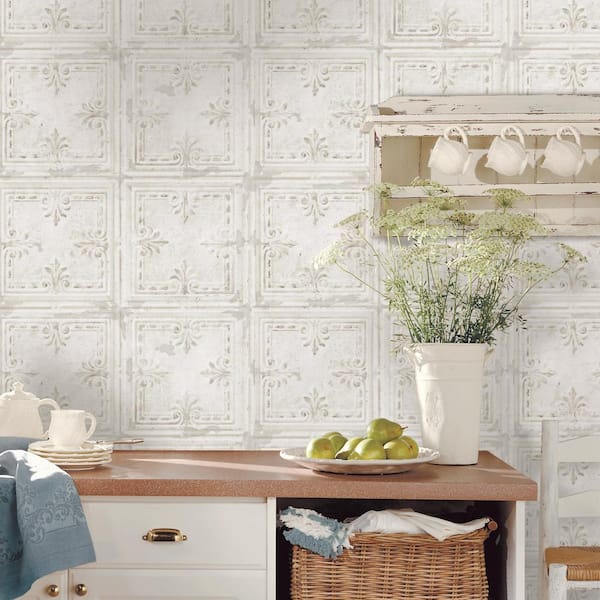 Tin Tile White Geometric Vinyl Peel & Stick Wallpaper Roll (Covers 28.18 Sq. Ft.)