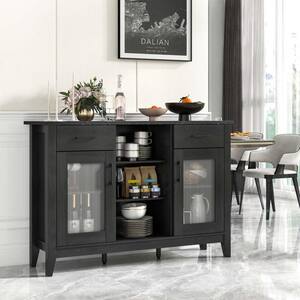 Black Faux Marble 52 in. Sideboard Buffet Cabinet with 2 Drawers 2 Doors 3 Open Compartments 4 Shelves