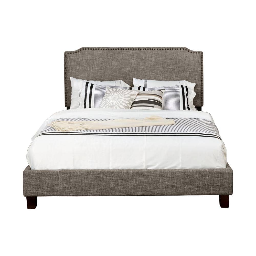 Brown Full Size Upholstered Panel Bed with Nail Head