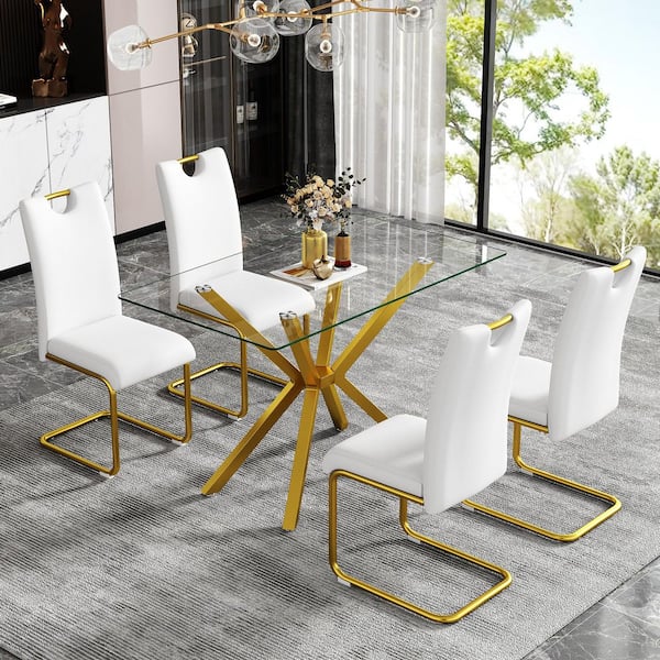 47.24 in. Rectangular Clear Tempered Glass Table with Adjustable Gold Metal Cross Legs Dining Table, Seats 4-6 people
