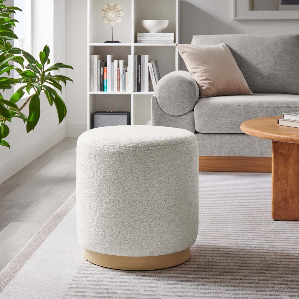 Ivory Sherpa Upholstered Round Ottoman with Rubberwood Base
