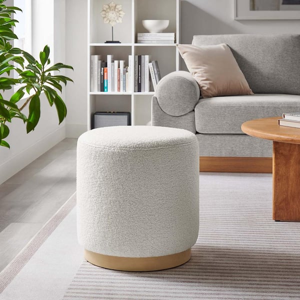 MODWAY Tilden 16 in. Ivory Natural  Sherpa Upholstered Round Ottoman