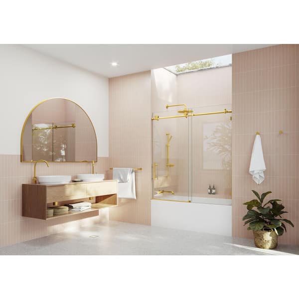 56 in. W x 60 in. H Sliding Frameless Bath Tub Shower Door in Satin Brass Finish
