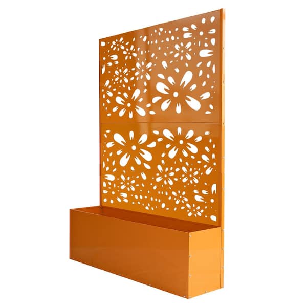 6 ft. x 4 ft. Orange Freestanding Metal Privacy Screen Room Divider with Flower Box