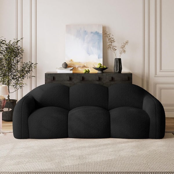 90 in. Straight Arm 3-Seater Curved Comfy Teddy Velvet Bubble Sofa Floor Sofa Memory Foam Deep Seat in. Black