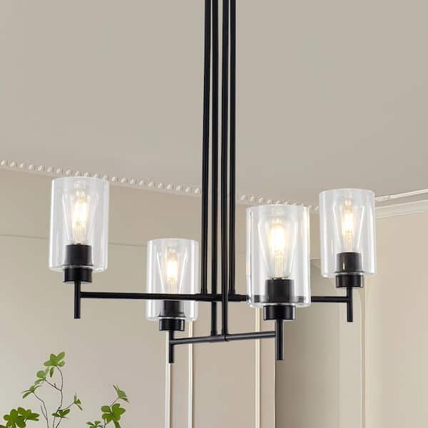 LWYTJO 23. 6 in. 4-Light Black Modern Linear Kitchen Island Chandelier with Cylinder Glass Shade for Dining Room Hallway Foyer