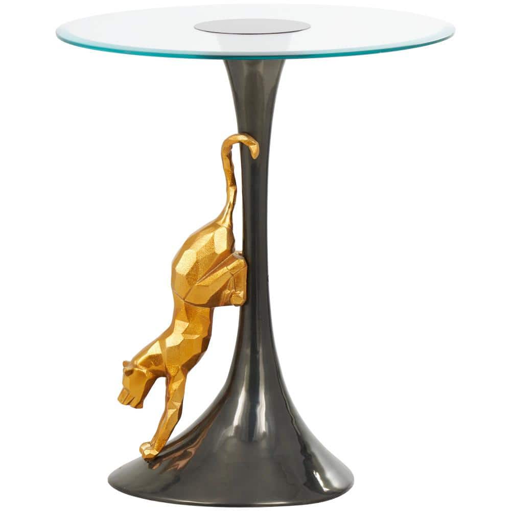 Litton Lane 20 in. Black Leopard Large Round Glass End Table with Gold