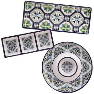 Mosaic 3-Piece Multicolored Melamine 19 in. Platter, 14.5 in. 3-Section Relish Tray, 14.5 Chip and Dip Hostess Set