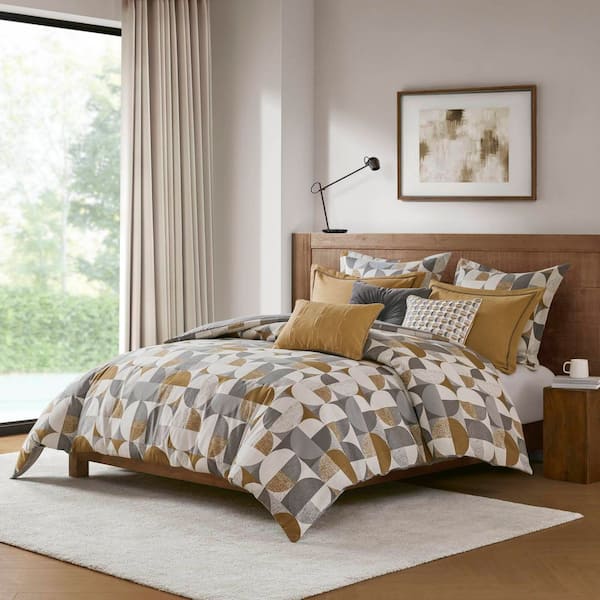 9 PCS King Jacquard Oversized Duvet Style Comforter Set Gold 100% Polyester