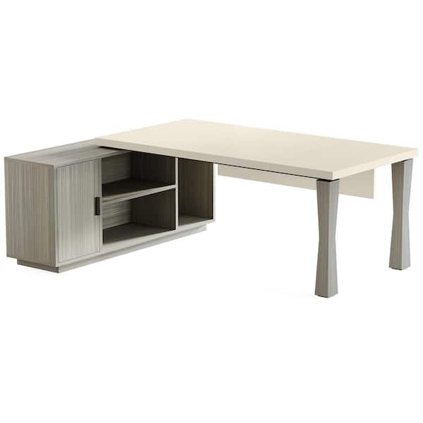 Halseey 71 in. L Shaped White Grey Wood Computer Desk with File Cabinet, Executive Desk with Storage, Shelves and Door