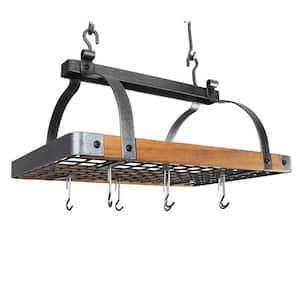 Signature 30 in. Rectangle Ceiling Pot Rack with 24-Hooks Hammered Steel with Tigerwood