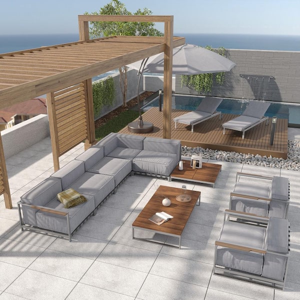 Outsy Sunrise Collection, 9-piece Extra Deep Seating Metal Patio Conversation Set with Grey Cushions
