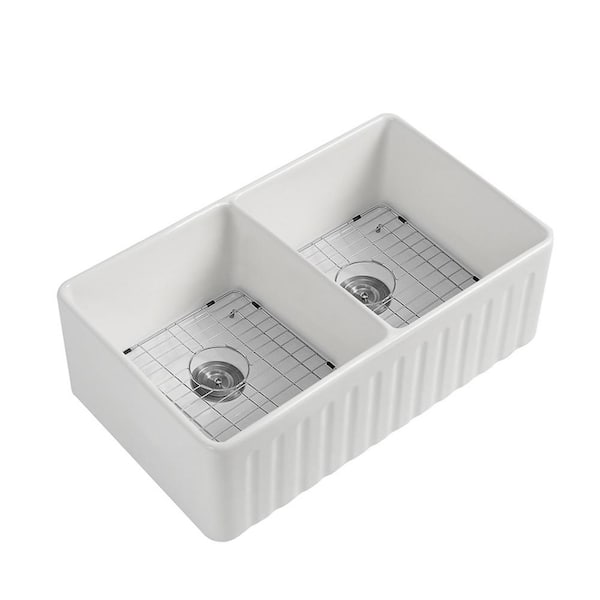 EPOWP 33 in. Farmhouse/Apron-Front Double Bowl (50/50) White Fireclay Kitchen Sink with Bottom Grids