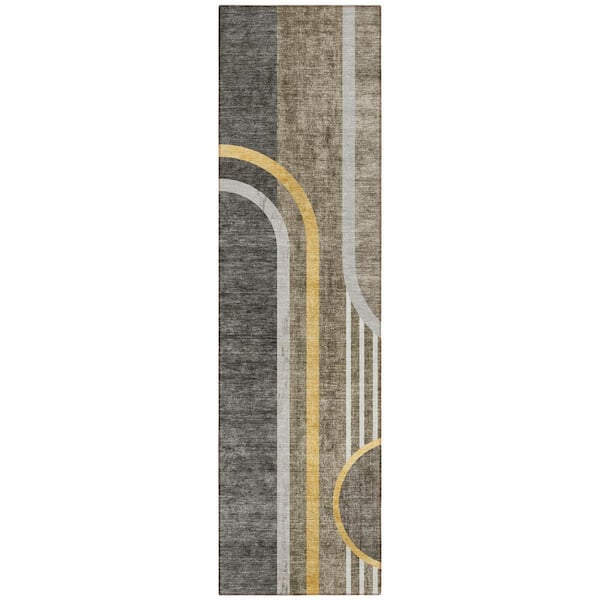 HomeRoots Gray, Green, Gold 2 ft. x 8 ft. Woven Abstract Polyester Runner Indoor / Outdoor Area Rug